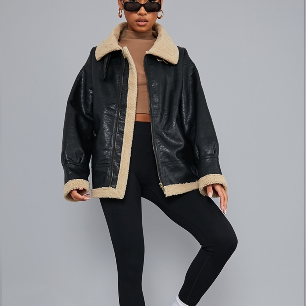PrettyLittleThing Black Faux Leather Aviator Jacket with Cream Shearling Trim
